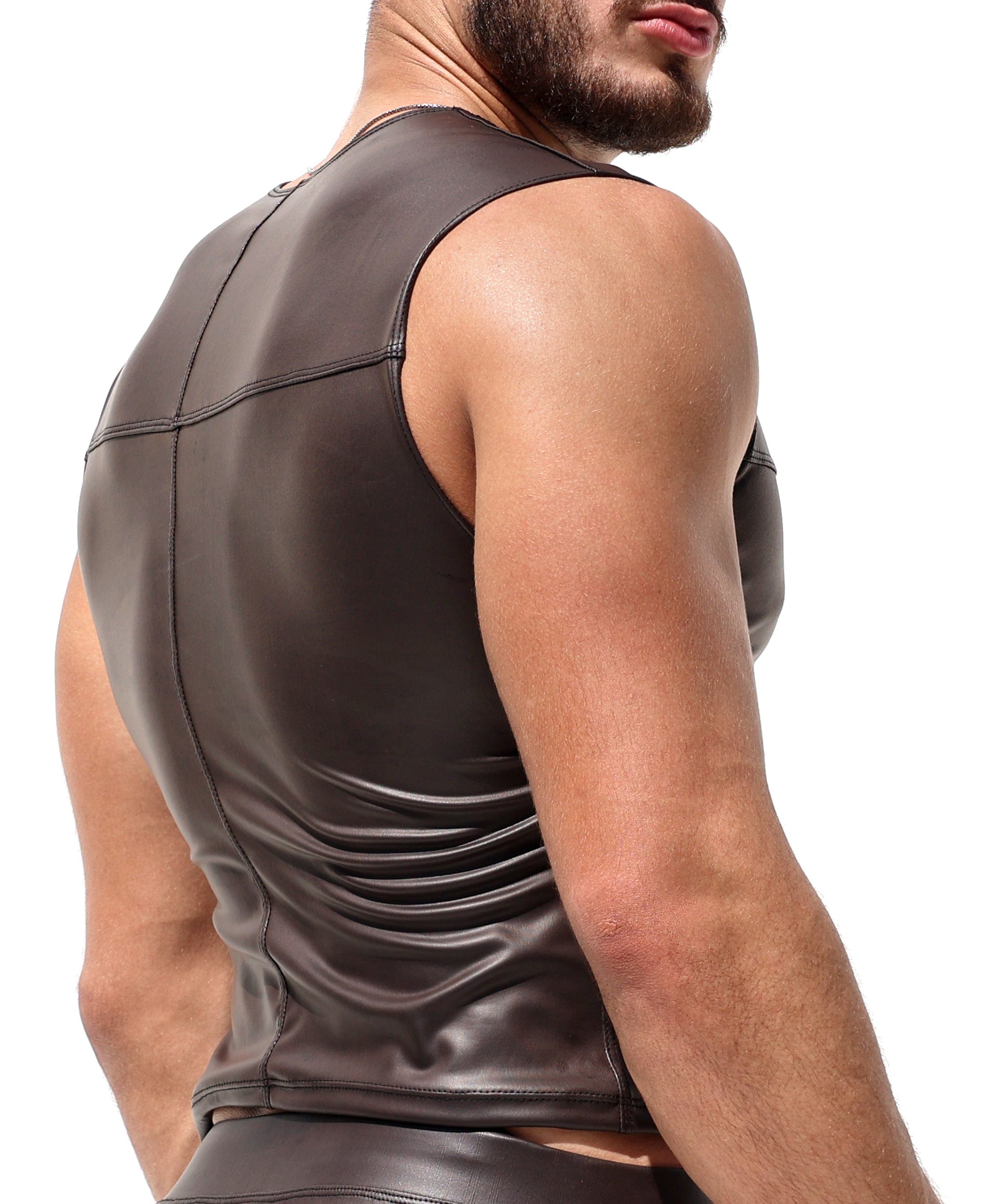 Men's Brown Sleeveless T-Neck Leather Vest