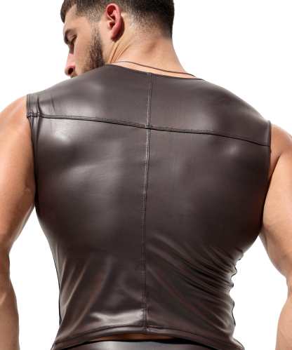 Men's Brown Sleeveless T-Neck Leather Vest