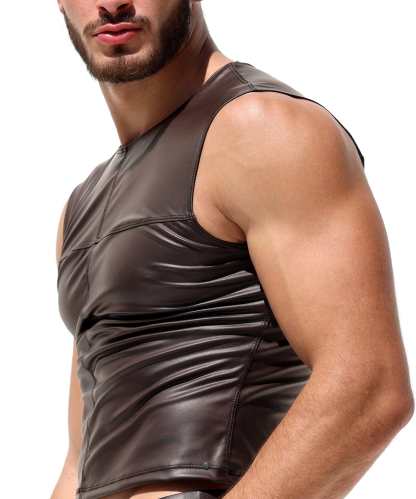 Men's Brown Sleeveless T-Neck Leather Vest