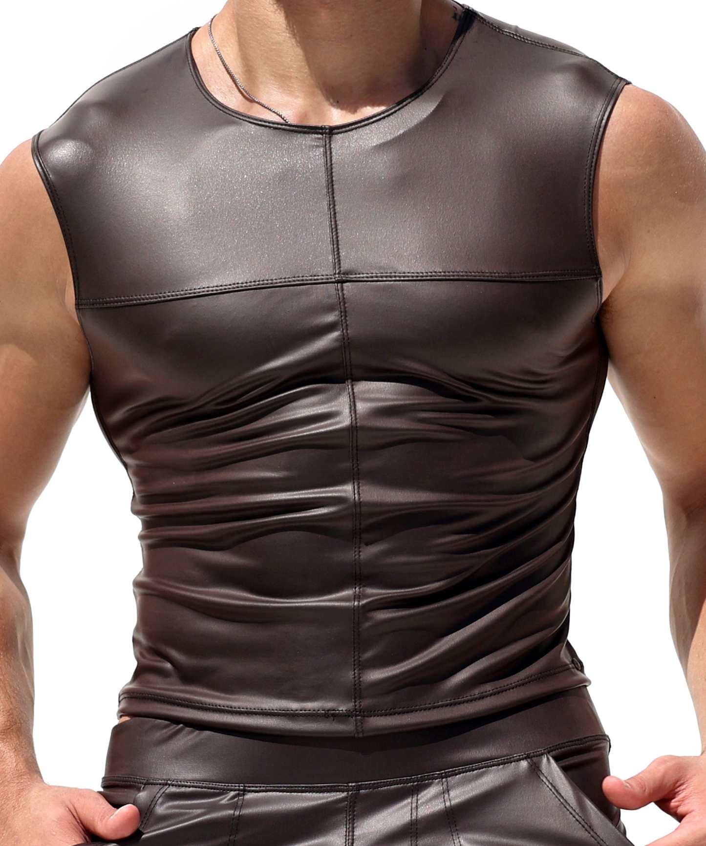 Men's Brown Sleeveless T-Neck Leather Vest