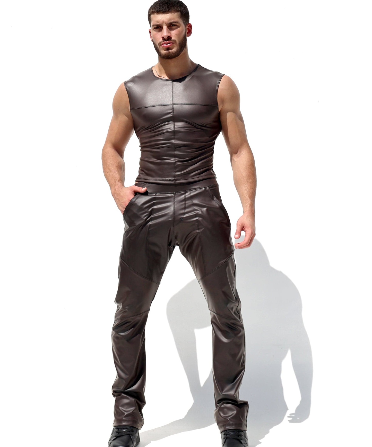 Men's Brown Sleeveless T-Neck Leather Vest