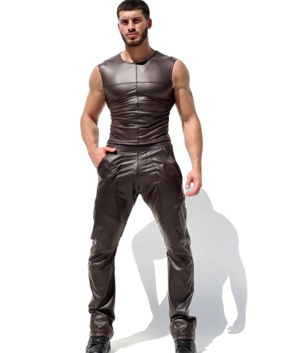 Men's Brown Sleeveless T-Neck Leather Vest