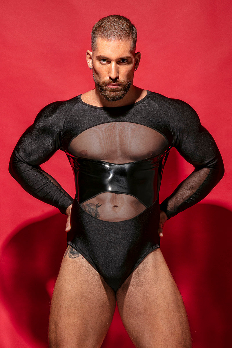 Mesh & PU Leather Patchwork Bodysuit – Bold and Sleek