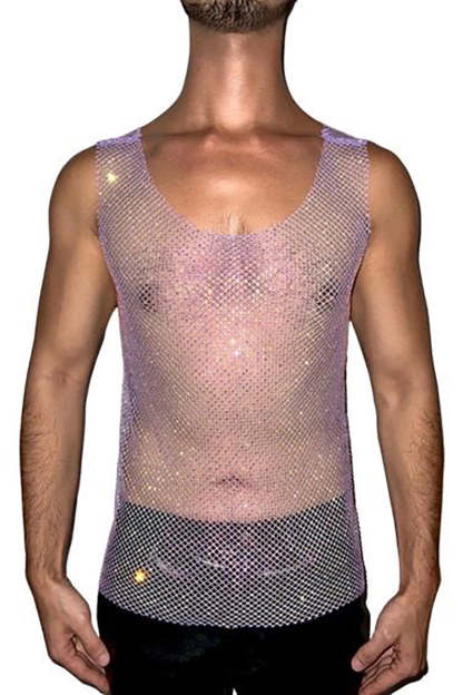 Unisex Mesh Rhinestone Shiny Raw Cut Festival Tank Top