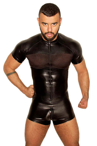 Fabpride Men’s Faux Leather Bodysuit with Mesh Panels