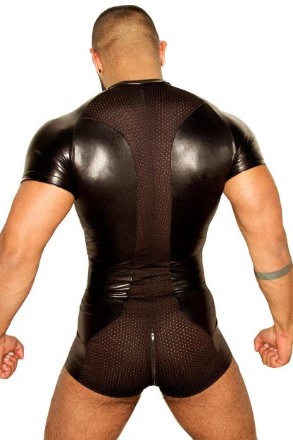 Fabpride Men’s Faux Leather Bodysuit with Mesh Panels