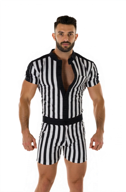 Joylgbt Men's Black and White Striped Romper with Button Detail