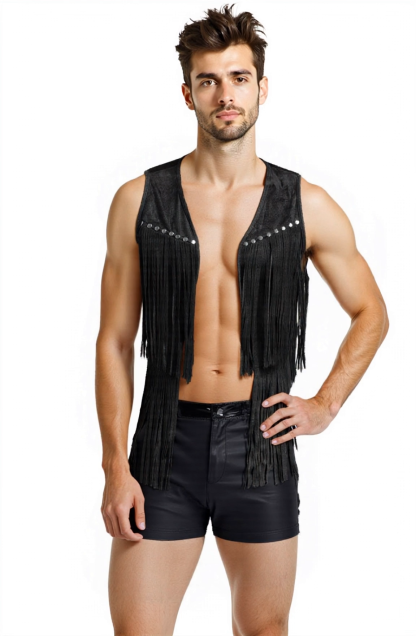 Men's Black Fringe Vest - Sleeveless Festival Style
