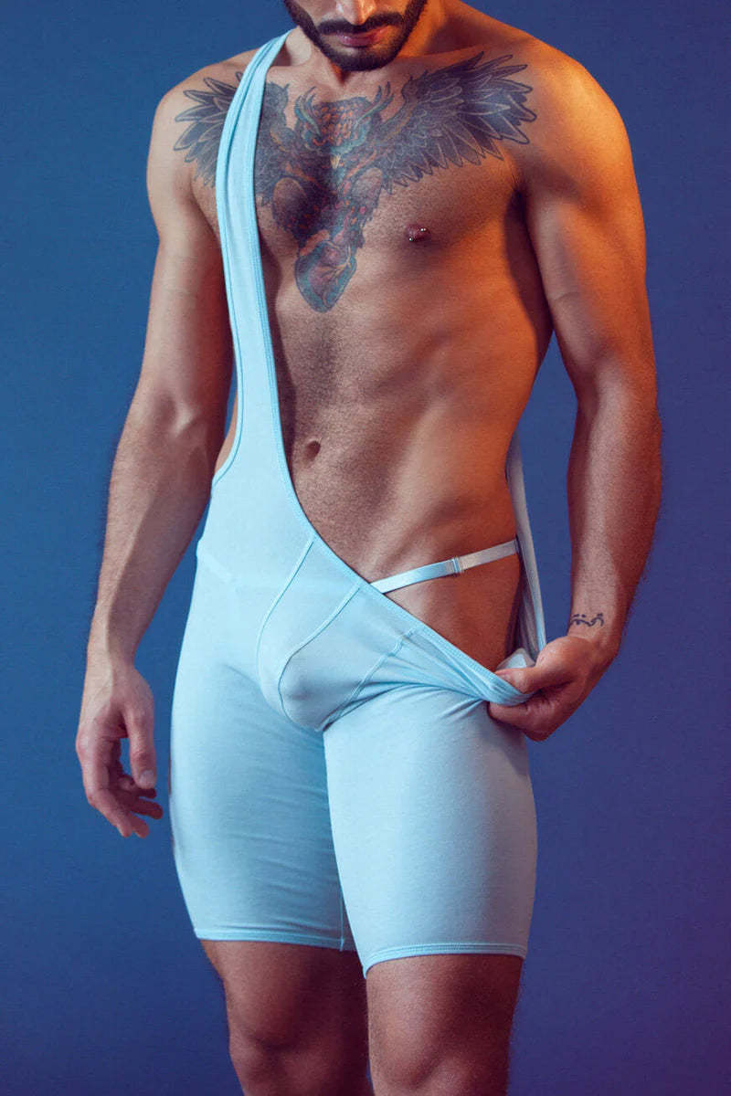 Men's Powder Blue Casual Bodysuit with Stylish Cutouts