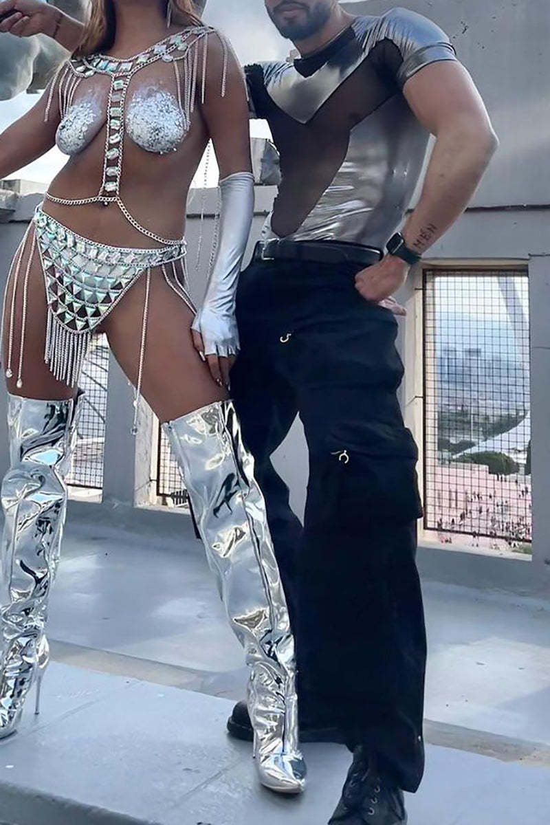 Metallic Mesh Patchwork Short Sleeve Bodysuit