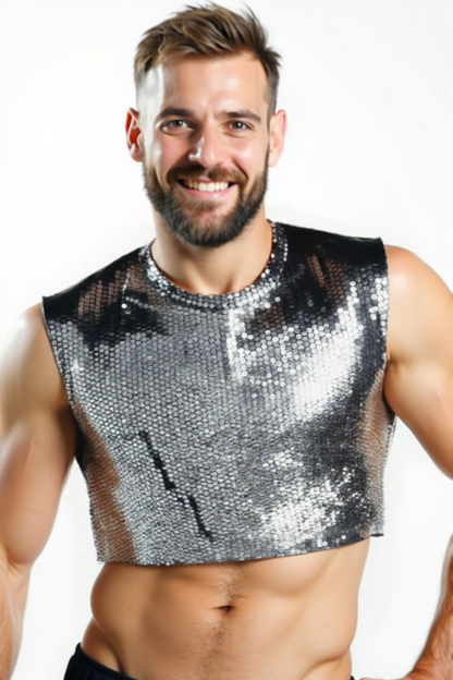 Shiny Black Sequin Mesh Crop Tank Top for Men