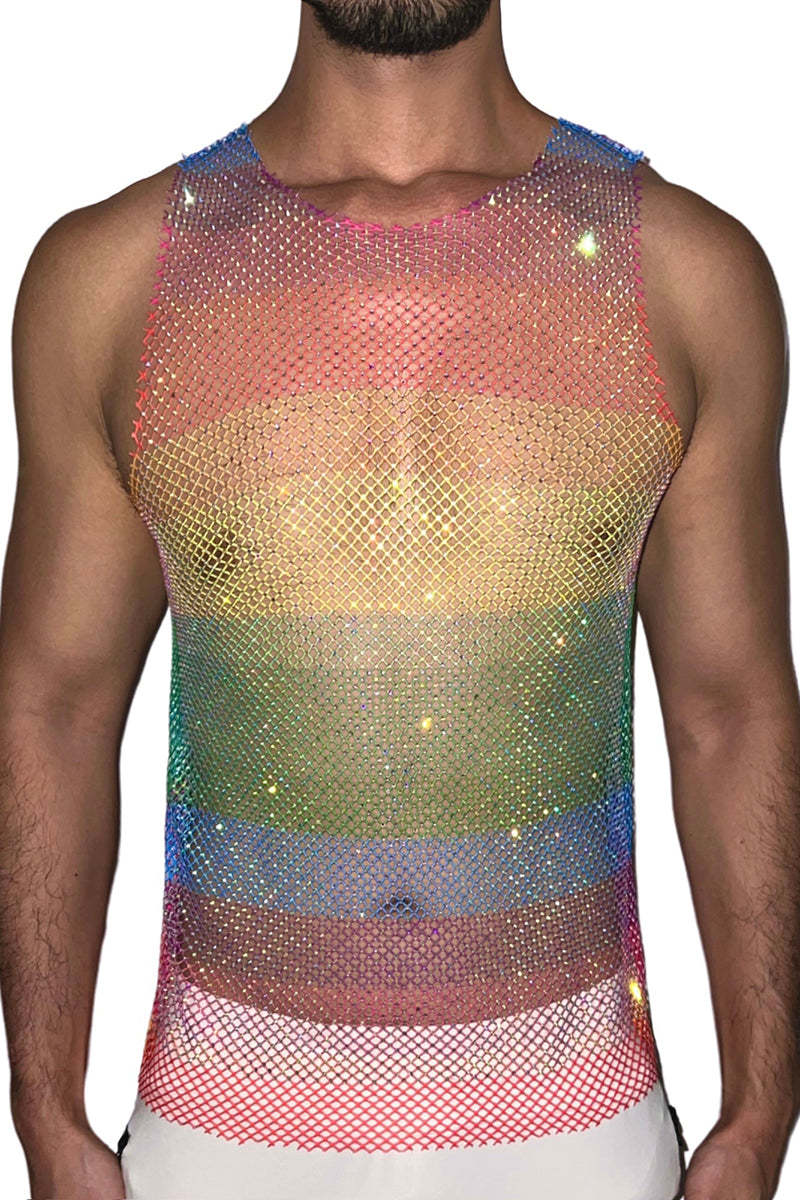 Unisex Mesh Rhinestone Shiny Raw Cut Festival Tank Top