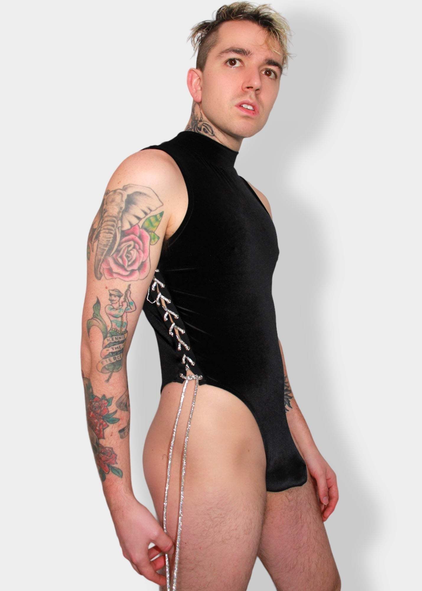 Men Black Velvet Lace Up Bodysuit