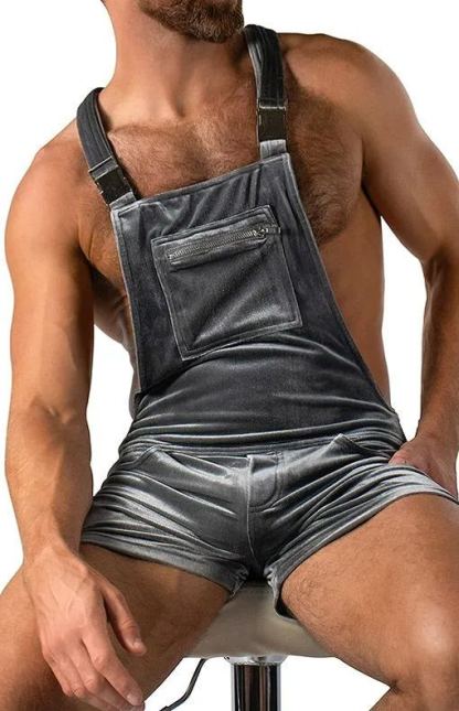 Grey Velvet Slim Fit Overall Shorts for a Soft and Sophisticated Look