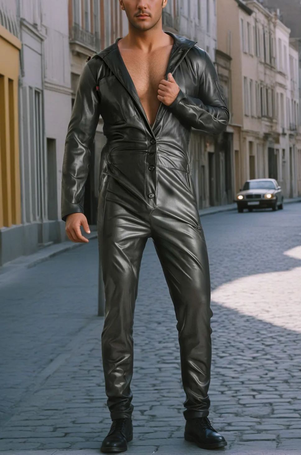 Fabpride Men’s Faux Leather Jumpsuit with Hood