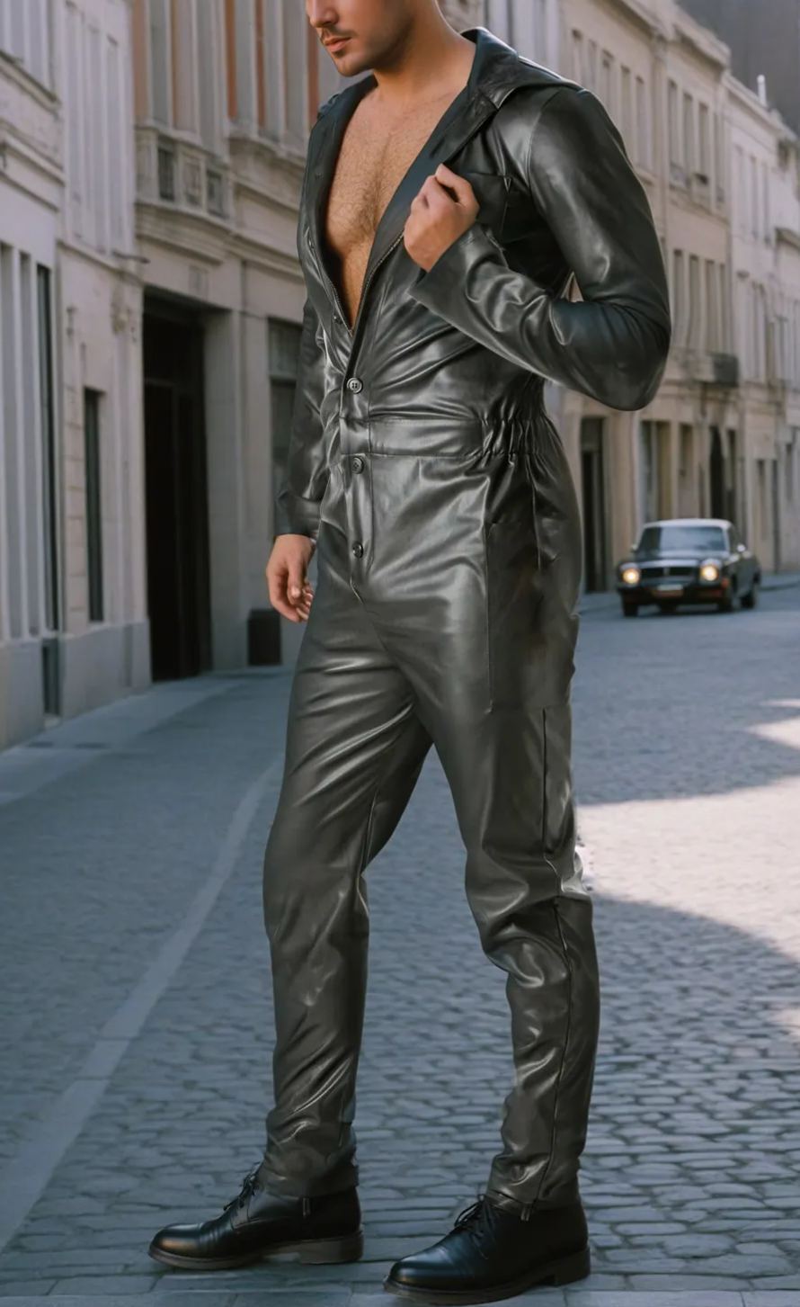 Fabpride Men’s Faux Leather Jumpsuit with Hood