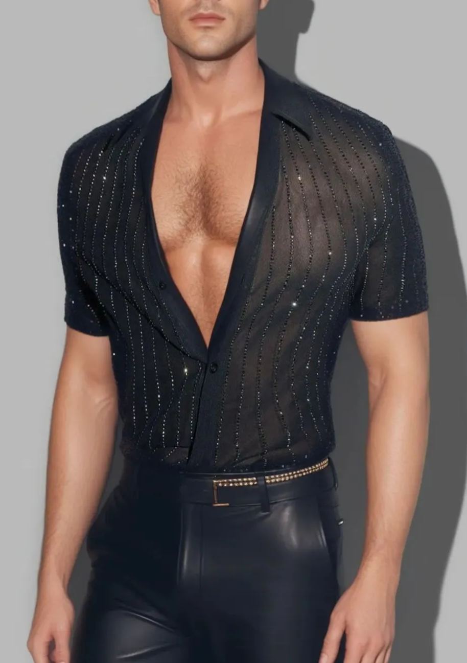 Fabpride Men's Transparent Glitter Button-Down Shirt