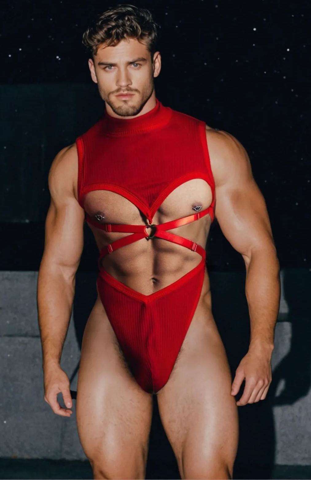 Bold Red High-Cut Men's Sexy Bodysuit