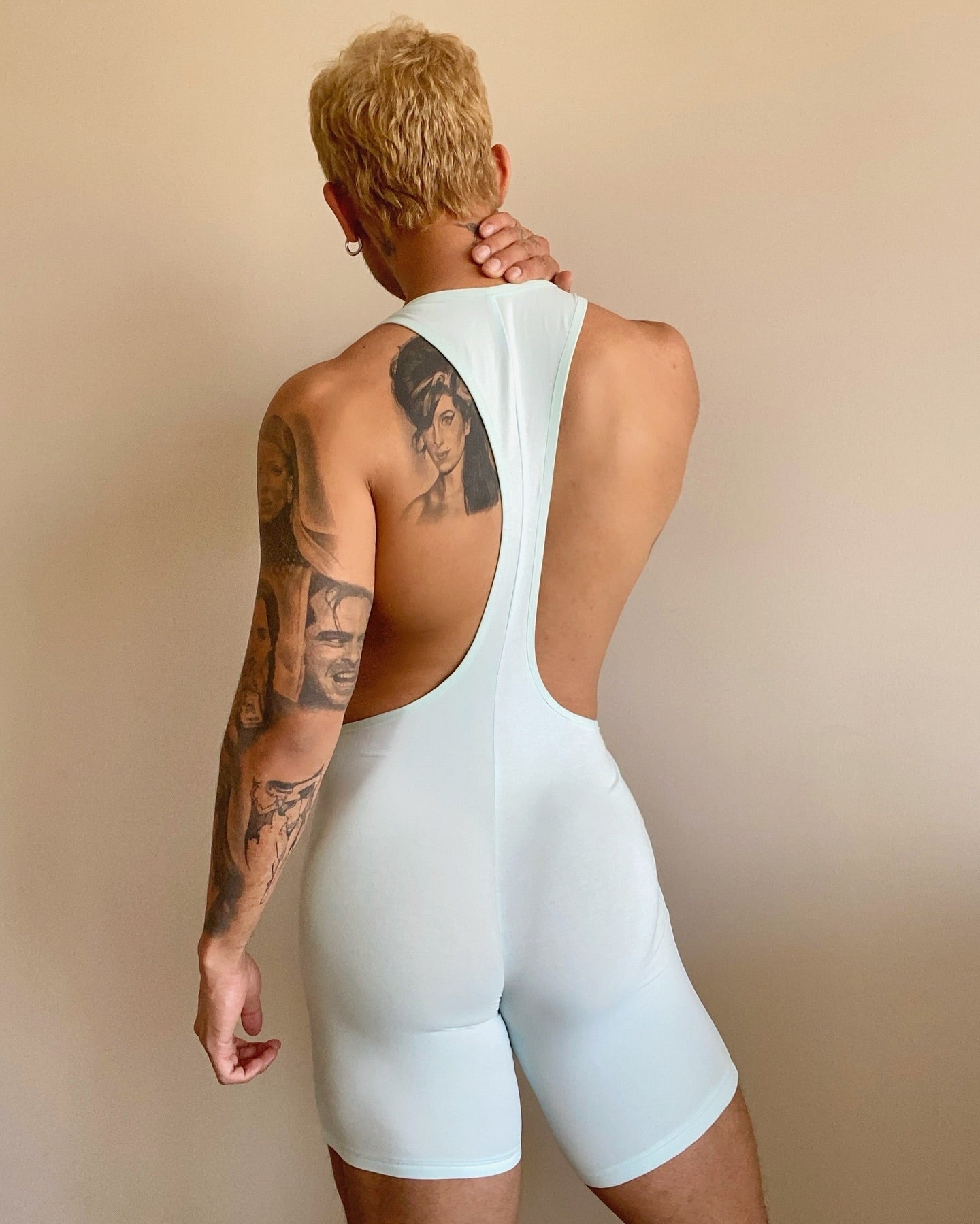 Men's Powder Blue Casual Bodysuit with Stylish Cutouts