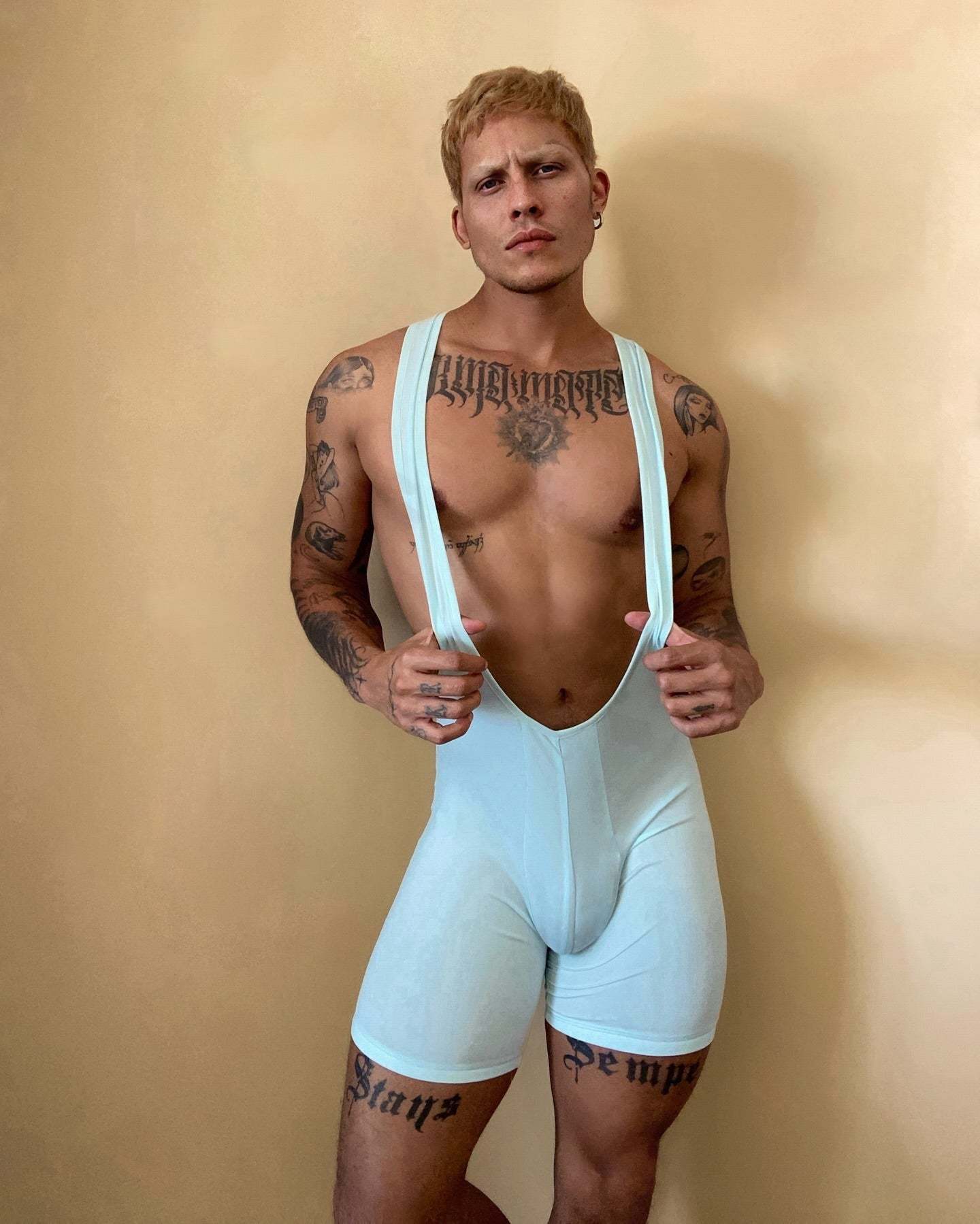 Men's Powder Blue Casual Bodysuit with Stylish Cutouts
