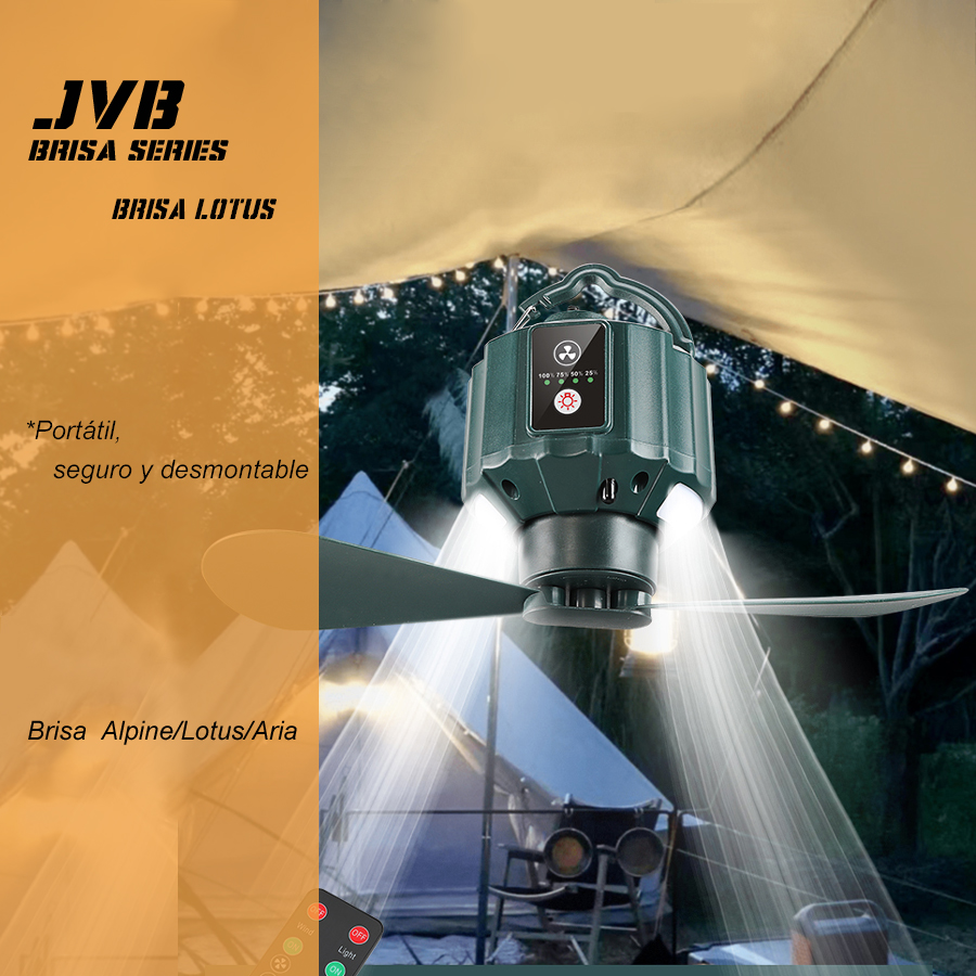 【Brisa Lotus】Ventilador colgante para tienda de campaña - Batería recargable de gran autonomía, portátil con luz LED, mando a distancia y USB - Incluye gancho, ideal para camping【¡ENVÍO GRATIS A TODO EL MUNDO! 🌎】-JVB's Adventure