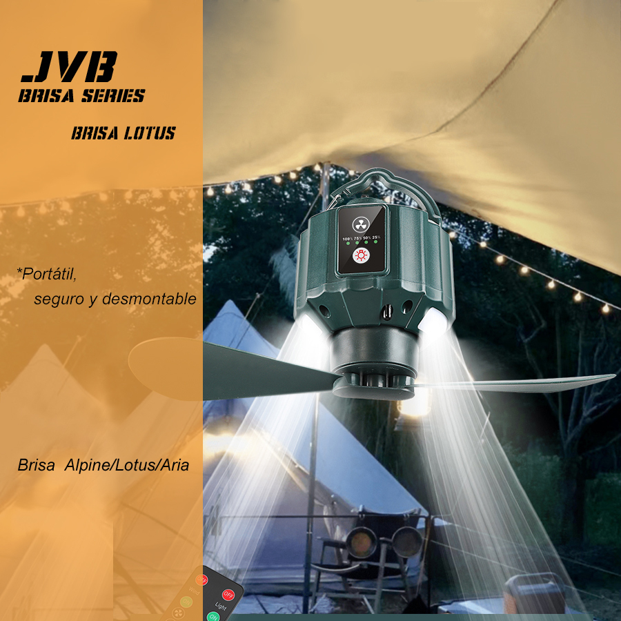 【Brisa Lotus】Ventilador colgante para tienda de campaña - Batería recargable de gran autonomía, portátil con luz LED, mando a distancia y USB - Incluye gancho, ideal para camping【¡ENVÍO GRATIS A TODO EL MUNDO! 🌎】-JVB's Adventure