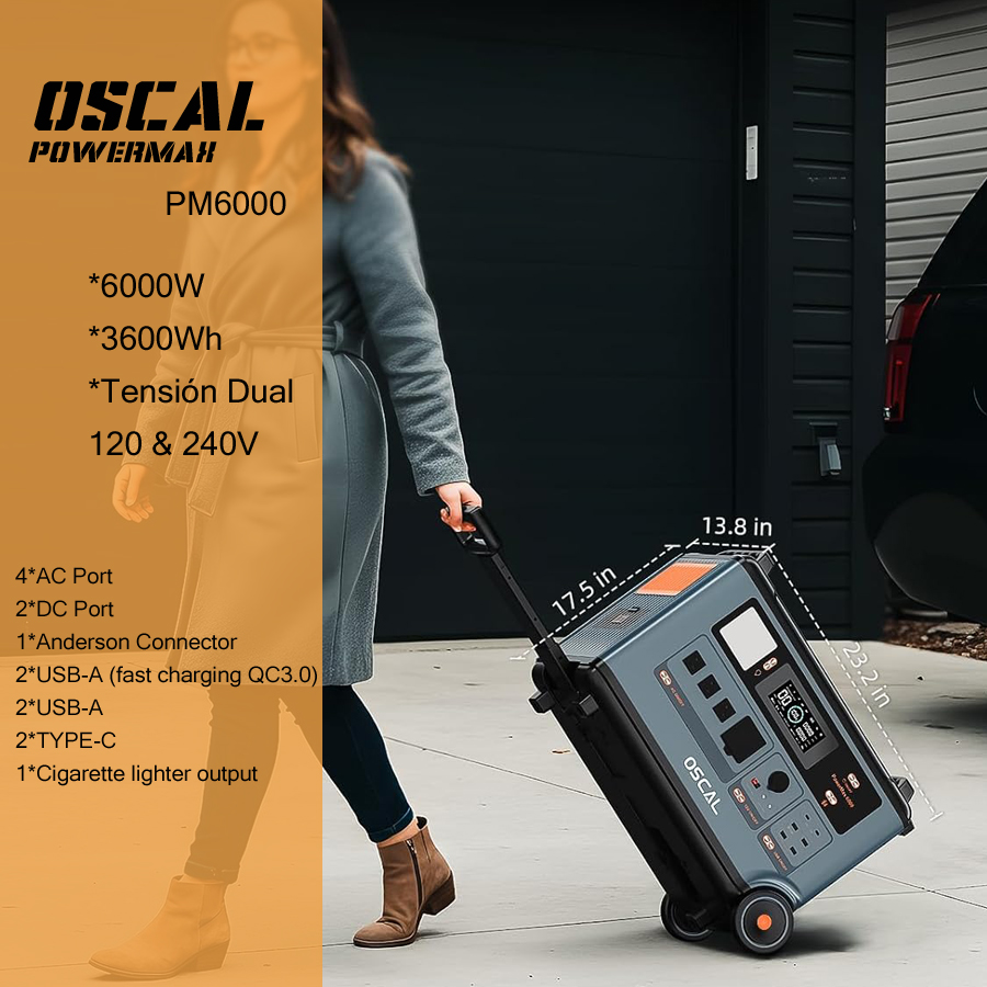 OSCAL PowerMax 6000 Generador Solar, Power Station con Batería LFP 3600Wh, Ampliable hasta 57.6kWh, Voltaje Bifásico 120/240V 6000W Salidas CA (7200W Pico), Carga Rápida 2200W/1.96H, para Emergencias en el Hogar-JVB's Adventure
