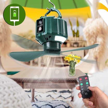 【Brisa Lotus】Ventilador colgante para tienda de campaña - Batería recargable de gran autonomía, portátil con luz LED, mando a distancia y USB - Incluye gancho, ideal para camping【¡ENVÍO GRATIS A TODO EL MUNDO! 🌎】-JVB's Adventure