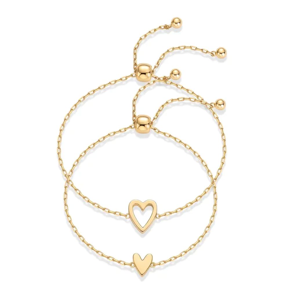 14K Gold Plated Adjustable Matching Bracelets for Women – Heart Charm and BFF Friendship Styles