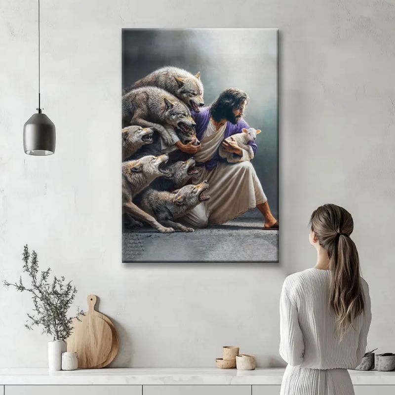 Jesus Protects The Lamb From Wolves - D377 - Gallery Wrapped Canvas Prints