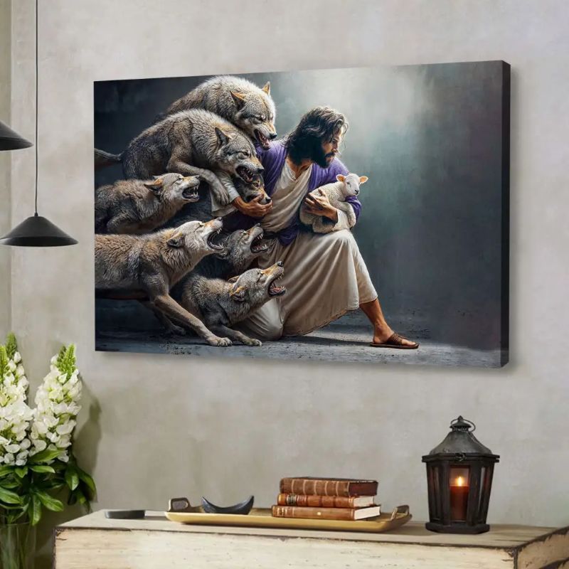 Jesus Protects The Lamb From Wolves - D377 - Gallery Wrapped Canvas Prints