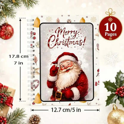 A Christmas-themed spiral notebook with a Santa Claus cover design, shown with dimension markings of 17.8 cm by 12.