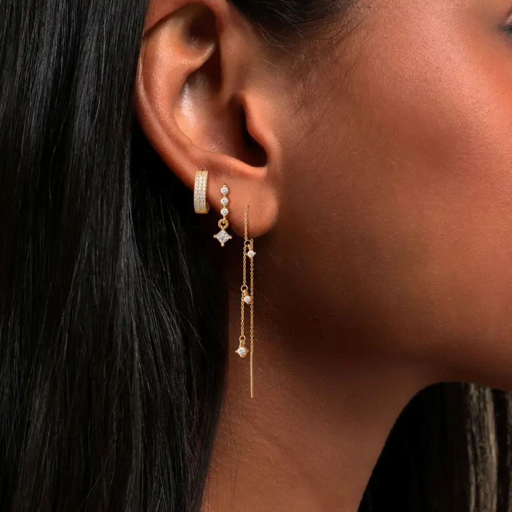 Gold Star Earring Set: Dangle Hoop & Stud Stacking Earrings