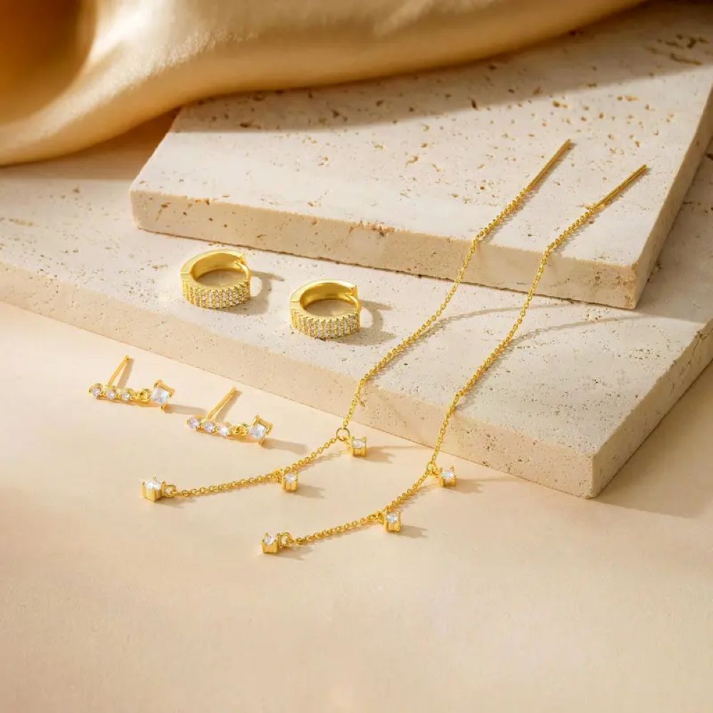 Gold Star Earring Set: Dangle Hoop & Stud Stacking Earrings