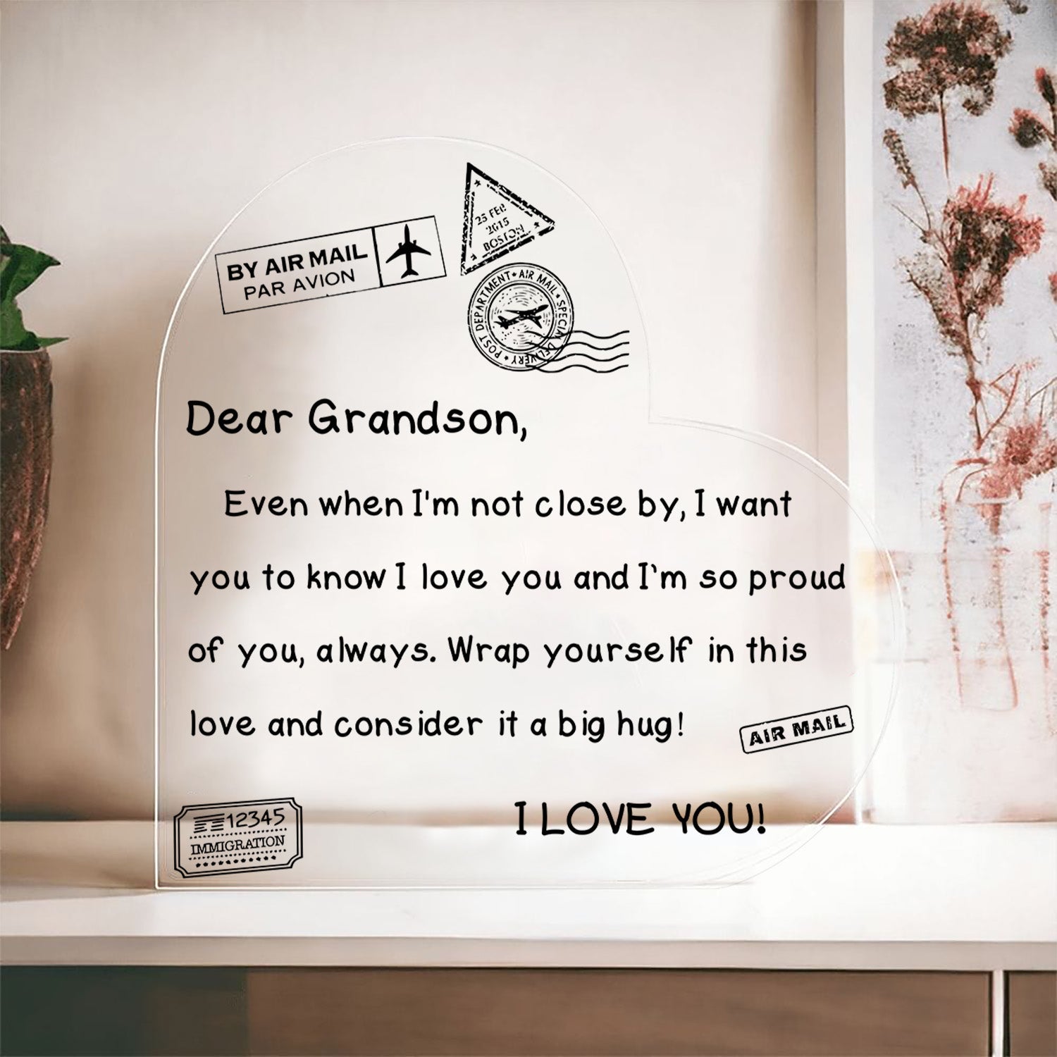 To My Grandson - I Love You - D352 - Heart Shaped Acrylic Plaque