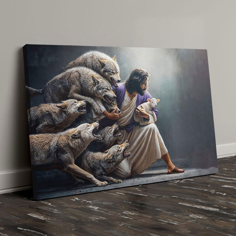 Jesus Protects The Lamb From Wolves - D377 - Gallery Wrapped Canvas Prints