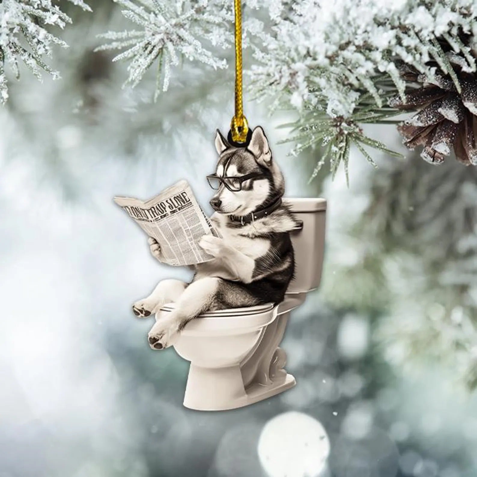 Siberian Husky - Dog Sitting On Toilet Ornament  OT002