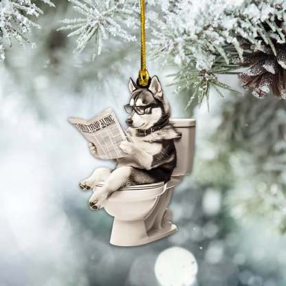Siberian Husky - Dog Sitting On Toilet Ornament  OT002