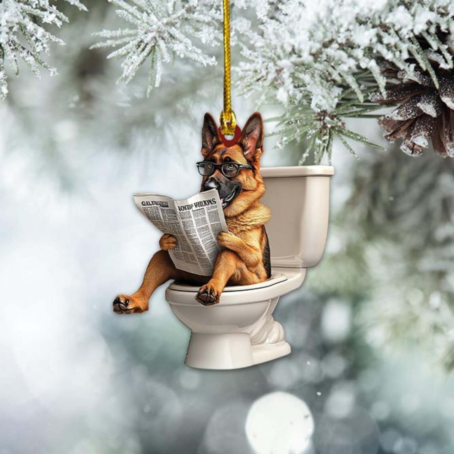 German Shepherd - Dog Sitting On Toilet Ornament OT004