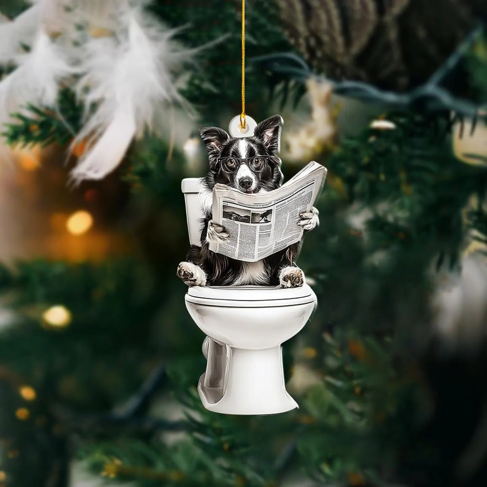 Border Collie - Dog Sitting On Toilet Ornament OT006