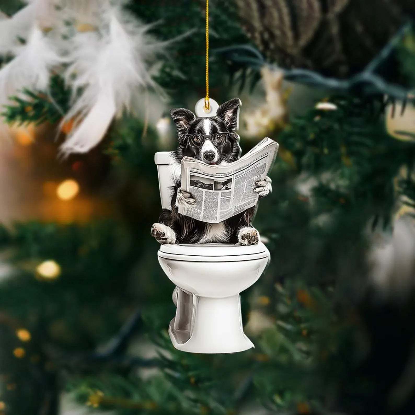 Border Collie - Dog Sitting On Toilet Ornament OT006