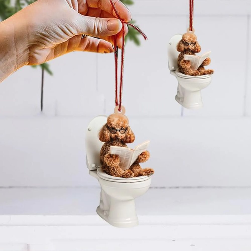 Poodle - Dog Sitting On Toilet Ornament OT009