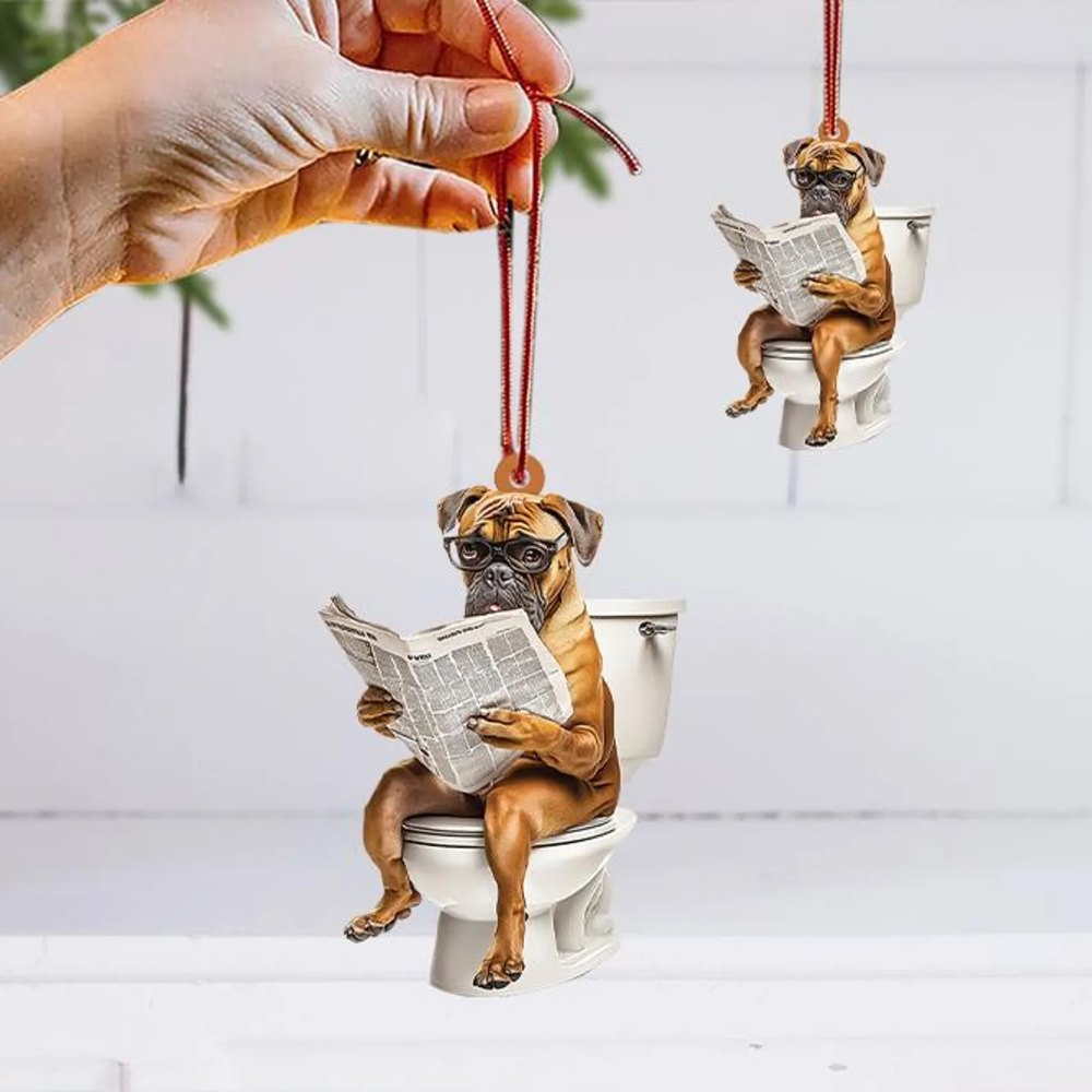 Boxer - Dog Sitting On Toilet Ornament OT013