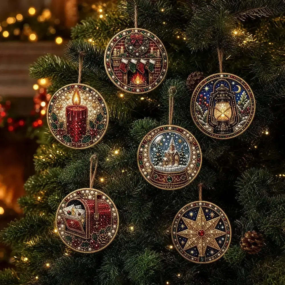 Five round beaded Christmas tree ornaments with intricate holiday scenes hang on a decorated Christmas tree. The ornaments feature detailed beadwork in red, gold, blue, green, and white, depicting a candle, a lantern, a gift box, a snowy house, and a star.