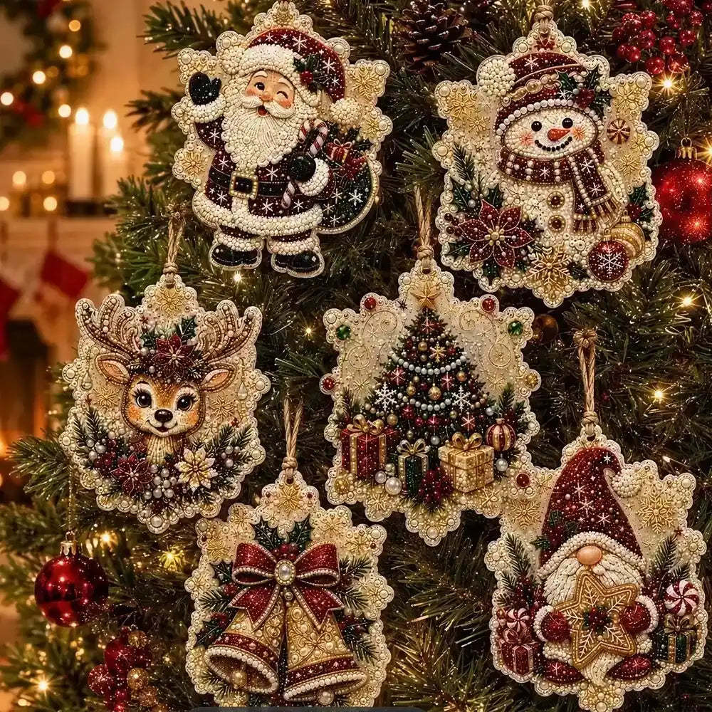 A set of six handmade Christmas bead ornaments displayed on a decorated Christmas tree. The ornaments feature festive designs including Santa Claus, a snowman, a reindeer, a Christmas tree, two bells, and a gnome, all embellished with red, gold, and white beads.