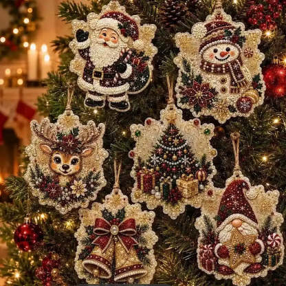A set of six handmade Christmas bead ornaments displayed on a decorated Christmas tree. The ornaments feature festive designs including Santa Claus, a snowman, a reindeer, a Christmas tree, two bells, and a gnome, all embellished with red, gold, and white beads.