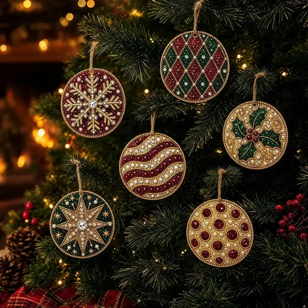 Six round Christmas ornaments with intricate rhinestone and bead patterns hang on a decorated Christmas tree. The ornaments feature holiday motifs including a snowflake, diamond lattice, holly, wavy stripes, and polka dots in red, green, gold, and white, with warm holiday lights glowing in the background.