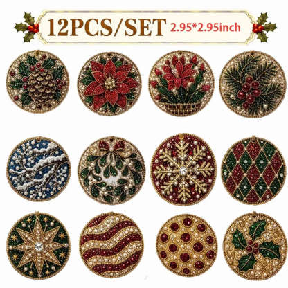 A set of 12 round Christmas-themed sequin and bead brooches arranged in a 3x4 grid on a white background