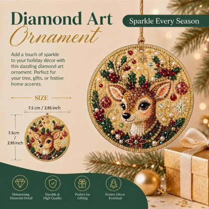A diamond painting ornament featuring a festive deer design with holly, berries, and snowflake motifs, shown hanging against a warm holiday background with text overlays detailing its size and features.