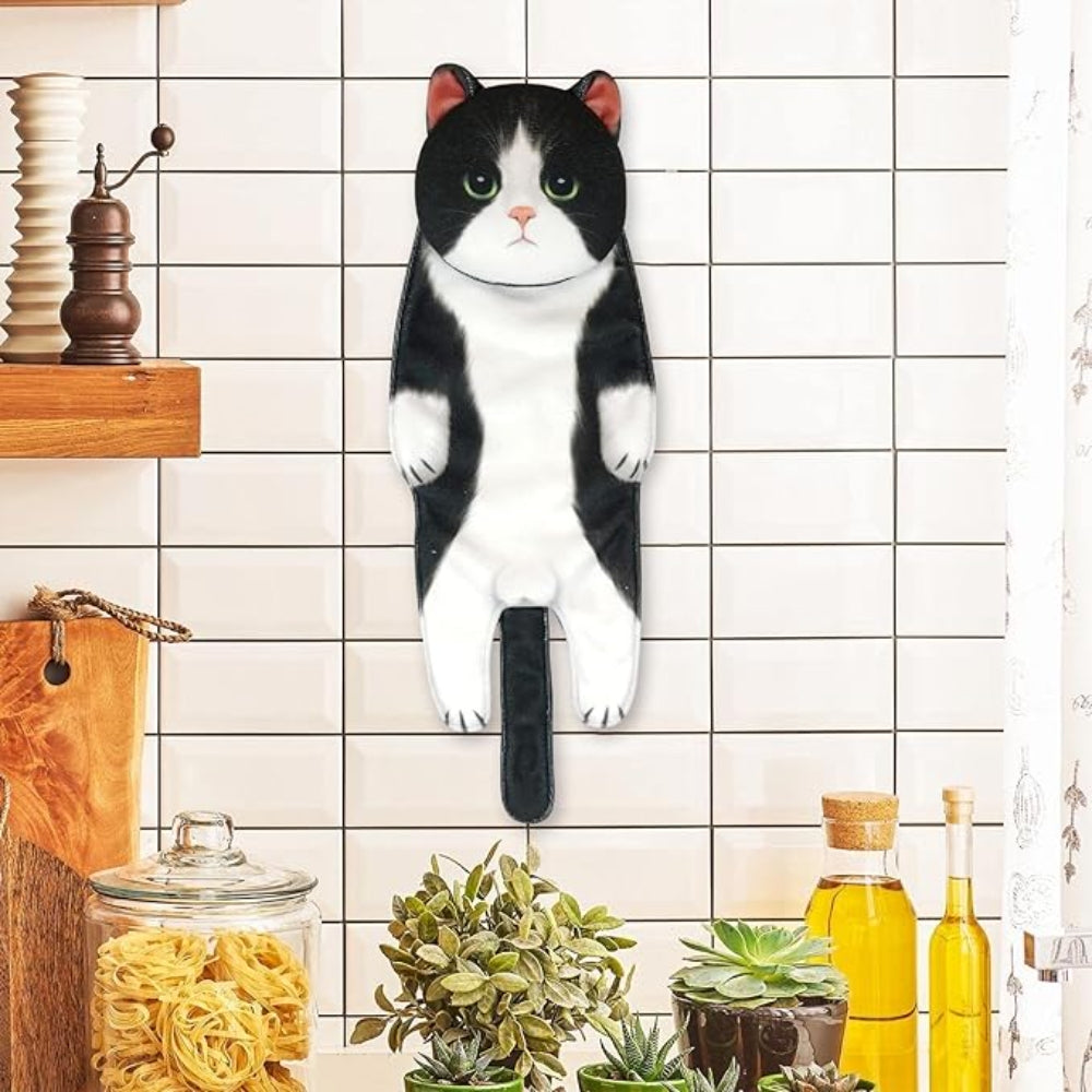 Adorable Cat Hand Towel With Hanging Loop - Tuxedo Cat